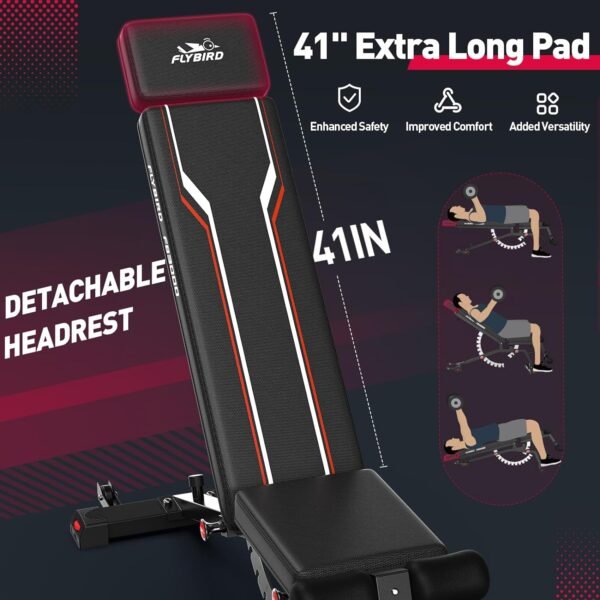 FLYBIRD Weight Bench, 1200lbs Capacity Adjustable Workout Bench with Detachable Headrest and Leg Support, Vertical Storage Space-Saving Exercise Bench for Home Gym- FB3000 - Image 5
