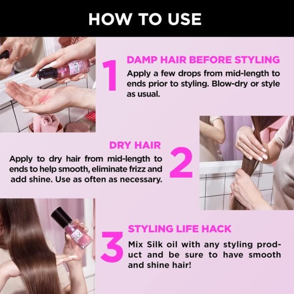 Silk Hair Oil for Dry Damaged Hair Treatment - Anti Frizz Control Hair Care Serum - Jojoba & Argan & Almond Oils - Shine, Gloss, Split End Repair, Smoothing, Bonding, Heat Protectant For Curly Frizzy Colored Bleached and All Hair Types - Image 8