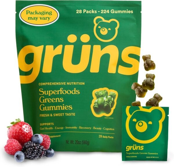 Gruns Adults Super Greens Gummies, Superfood Gummy Bears with Spirulina, Chlorella & Prebiotics for Digestive Health - Adaptogens Supplement with 20 Vitamins & Minerals, Low Sugar- 1 Month Supply - Image 2