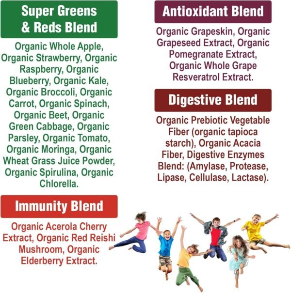 Kids Greens and Reds Superfood Powder. Best Tasting Organic Vegan Super Food Juice with 25+ Real Fruits and Vegetables. Gluten Free Real Food Vitamins. Green and Red Superfoods Supplement for Children - Image 5