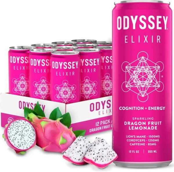 Odyssey Elixir Functional Beverage - Adaptogen Drink with Lions Mane, Cordyceps, L Theanine, & Green Tea Caffeine - for Cognition, Energy & Mood Boost - 0 Added Sugar - Dragon Fruit Lemonade - 12 Pack - Image 2