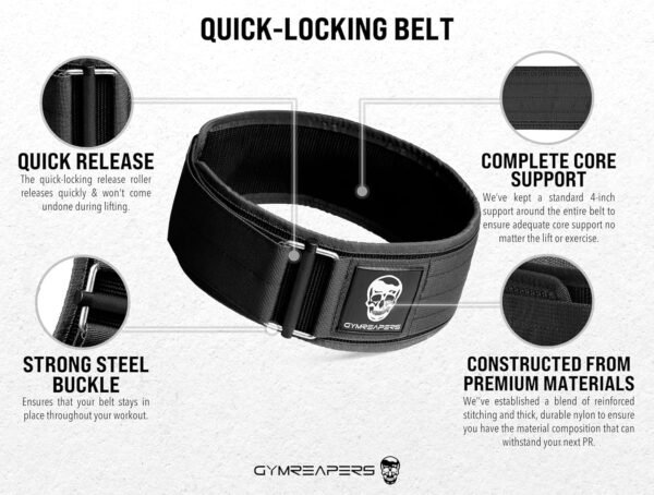 Gymreapers Quick Locking Weightlifting Belt for Bodybuilding, Powerlifting, Cross Training - 4 Inch Neoprene with Metal Buckle - Adjustable Olympic Lifting Back Support - Image 4