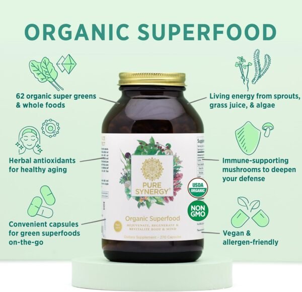 PURE SYNERGY Superfood Capsules | Organic Superfood & Greens Supplement | Whole Food Capsules with Super Greens, Spirulina, & Mushrooms | for Energy, Healthy Aging & Immune Health (270 Capsules) - Image 4