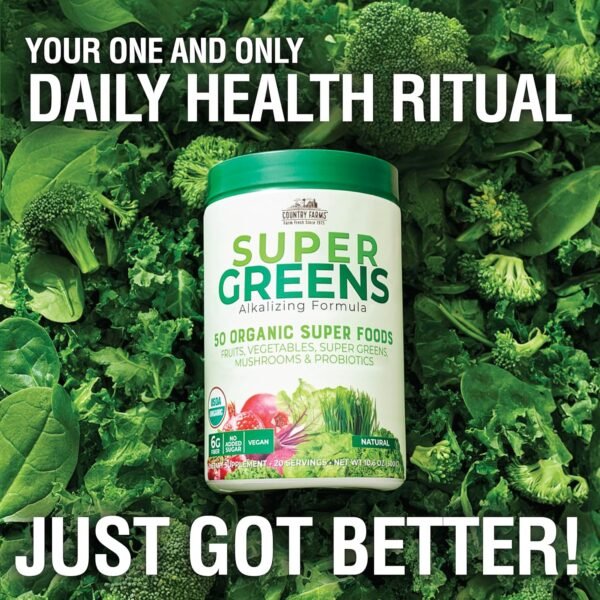 Country Farms Super Greens Natural Flavor, 50 Organic Super Foods, USDA Organic Drink Mix, Fruits, Vegetables, Super Greens, Mushrooms & Probiotics, Supports Energy, 20 Servings, 10.6 Oz - Image 6