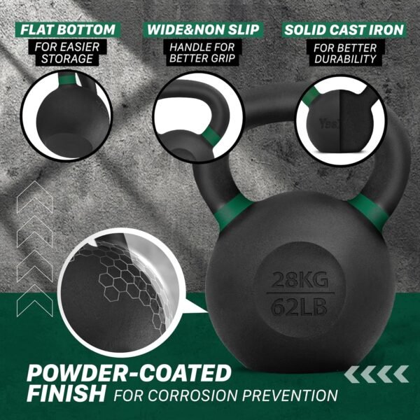 Yes4All Powder Coated Cast Iron Kettlebell Single Mint - 28 KG / 62 LB Strength Training Kettlebells Weight Set for Full Body Workout, Home Gym - Image 4