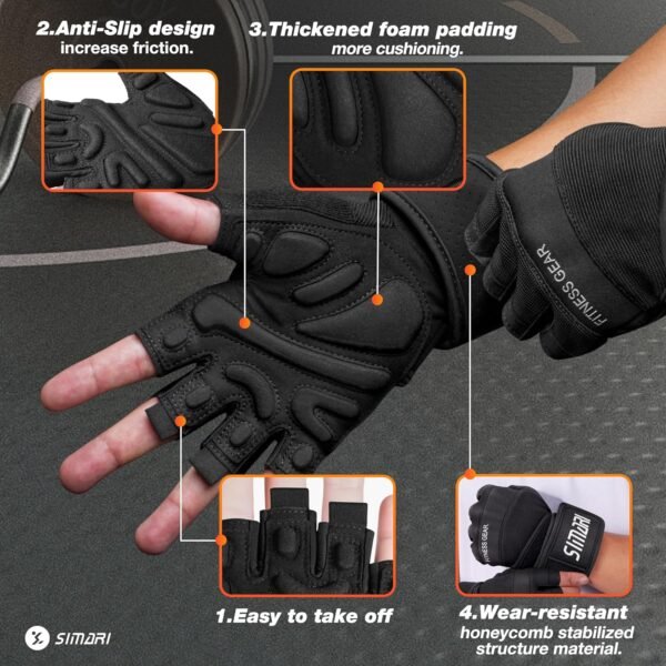SIMARI Padded Workout Gloves for Men and Women, Ventilated Weight Lifting Gloves with Wrist Wraps Support, Full Palm Protection, Great Grip for Gym Training, Fitness, Weightlifting, Exercise - Image 3
