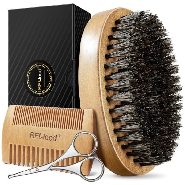 BFWood Beard Brush, Beard Comb & Mustache Scissors Grooming Kit for Men - Natural Boar Bristles Brush, Dual Action Wood Comb, Beard & Mustache Scissors and Travel Pouch Great for Men - Image 2