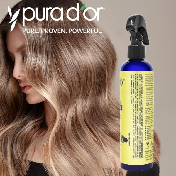 PURA D'OR 8 Oz Argan Oil Heat Shield Protectant Spray with Select Organic Ingredients, Protects Up To 450º F From Flat Iron & Hot Blow Dry, Leave-In, Define & Shine Dry & Damaged Hair - Image 5