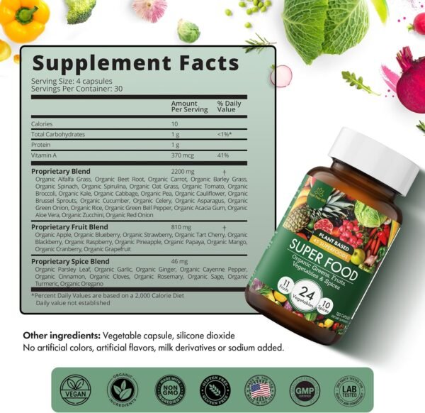 Superfood Greens Fruit and Veggies Supplement - USDA Organic Super Greens & Super Reds Vegetable Supplements for Adults - Cruciferous Vegetables Supplement for Immunity & Gut Health - Image 4