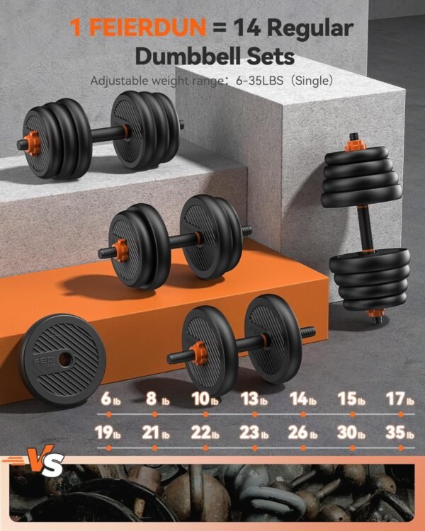 FEIERDUN Adjustable Dumbbells, 20/30/40/45/70/90lbs Free Weight Set with Connector, 4 in1 Dumbbells Set Used as Barbell, Kettlebells, Push up Stand, Fitness Exercises for Home Gym Suitable Men/Women - Image 4