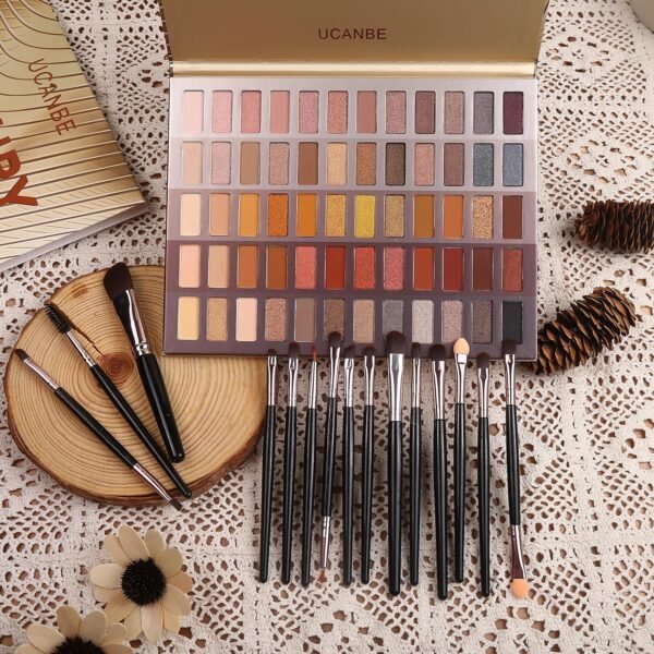 UCANBE 60 Colors Naked Eyeshadow Palette + Makeup Brush Set, All in One Nude Neutral Smokey Makeup Pallet with Brushes, Pigmented Warm Matte Shimmer Powder Eye Shadows Cosmetic Halloween Beauty Kit - Image 3