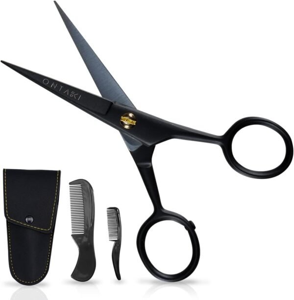 Ontaki 5" Professional German Beard & Mustache Scissors with 2 Comb & Carrying Pouch for Men - Bevel Edge for Precision - Facial Hair Grooming Kit All Body Hair - Black - Beard Trimming Scissors - Image 2