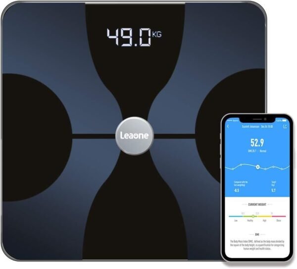 Leaone Body Fat Scale 30x30cm, Digital Backlit White LED, Smart Bluetooth Digital BMI Weight Scale, Body Composition Analyzer Health Monitor with 6mm Tempered Glass with Smartphone App, 400lbs, Black - Image 2