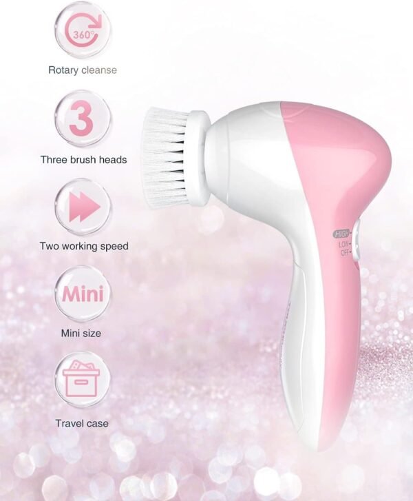 TOUCHBeauty Face Scrubber Exfoliator, Facial Cleansing Brush with 3 Cleanser Heads & 2 Speeds Adjustable for Skin Care Wash,Deep Cleaning,Face Spa System,Battery Powered - Image 3