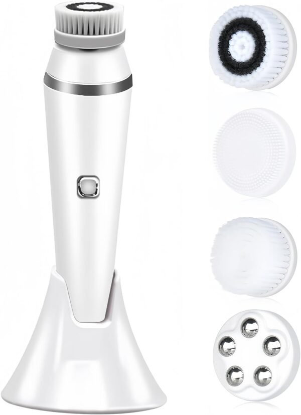Electric Facial Cleansing Brush with 4 Brush Heads, IPX6 Water Resistant 3-Speed Rechargeable Face Scrubber for Exfoliating & Massaging, 20-Day of Daily Use, White - Image 2