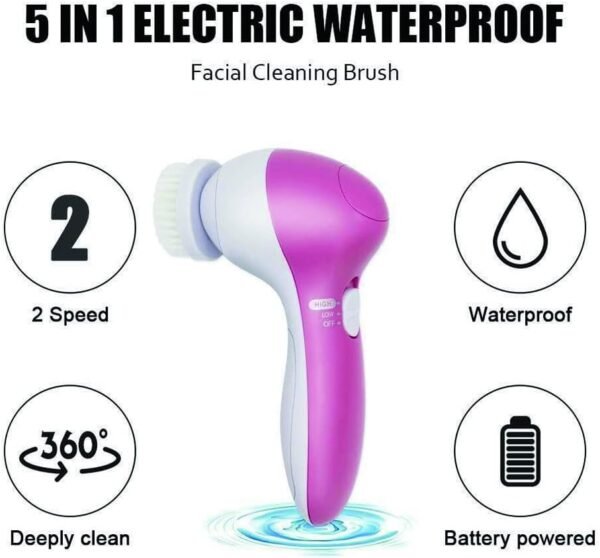 Pink 5 in 1 Deep Cleansing Facial Skin Electric Facial Cleanser Treatment Brush Massager Scrubber for Pimples, Blackheads and Dead Skin - Image 5