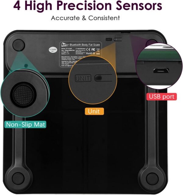 Uten Smart Scale for Body Weight, Digital Bathroom Weighing Wireless Scales with Body Fat and Water Weight for People, Bluetooth BMI Electronic Body Analyzer Machine with Smartphone App, 400lb, Black - Image 3