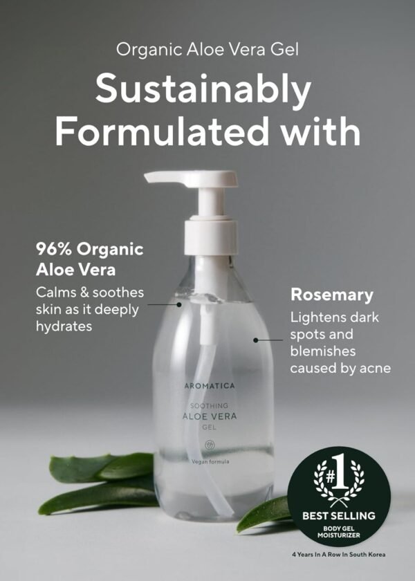 AROMATICA Organic Aloe Vera Gel 10.14oz/300ml, After Sun Care And Sunburn Relief with Pure Aloe Vera Gel Face&Hair, Sun Burn Moisturizer EWG Verified - Image 4