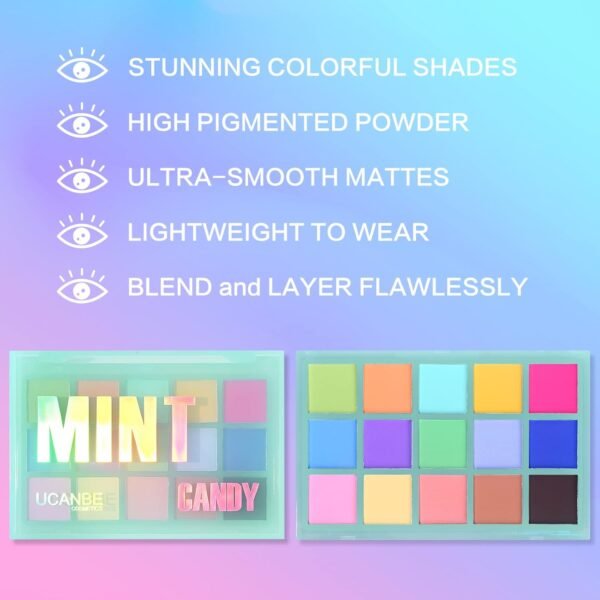 UCANBE Colorful Matte Makeup Eyeshadow Palette, 15 Shades Vibrant MACARON Pastel Eye Shadow Pallet, High Pigmented Blendable Rainbow Make Up Plattet Kit - Mint Candy - Image 3