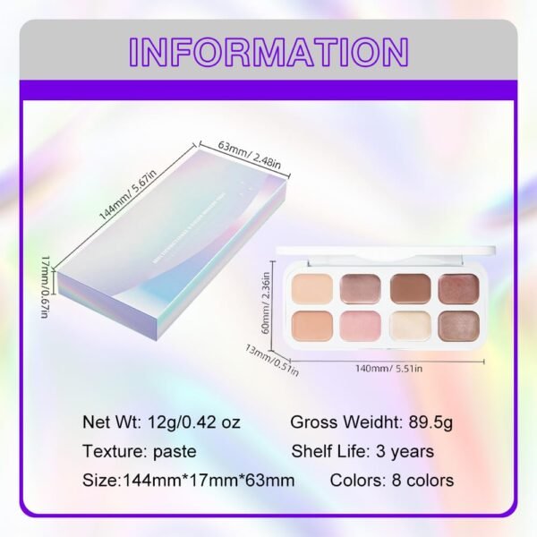 8 Colors Cream Eye Shadow Contours Highlighter in Makeup Palette Set Brightener, Nude Rose Pink Chocolate Coffee Beige Brown Matte Shimmer Glitter Metallic creme Eyeshadow Concealer Palette Blendable - Image 7