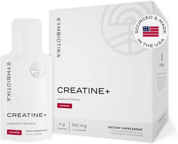 CYMBIOTIKA Creatine+, Creatine and Glutamine Supplement for Amino Energy, Recovery, Muscle Mass & Brain Support, Liposomal Delivery, Gluten Free & Vegan, Raspberry Flavor - 30ml Pouches (Pack of 20) - Image 2