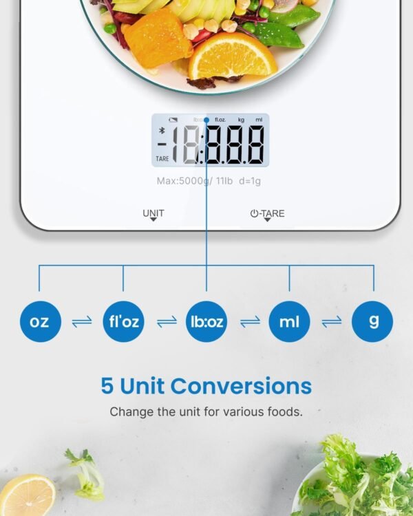 RENPHO Food Scale with Nutritional Calculator, Digital Kitchen Scale for Weight Loss, Smart Food Weight Scale with App for Macro Keto Calorie Cooking, Grams and Ounces, White, 11lb/5kg - Image 6