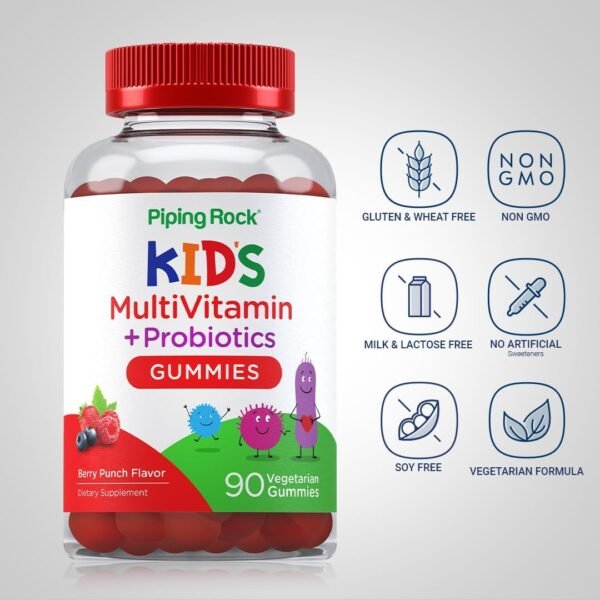 Piping Rock Kids Multivitamin and Probiotic | 90 Gummies | Berry Punch Flavor | Vegetarian, Non-GMO, Gluten Free Childrens Supplement - Image 4