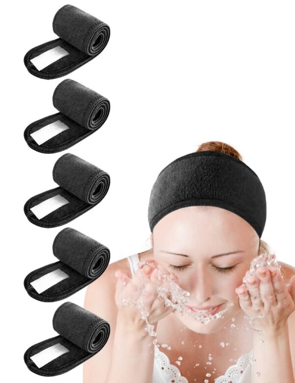 EUICAE Spa Headband 5-Pack Black Sweat Head Towel Wraps - Non-slip Stretchable, Washable for Makeup, Face Wash, Facial Treatment, Sports - Image 2