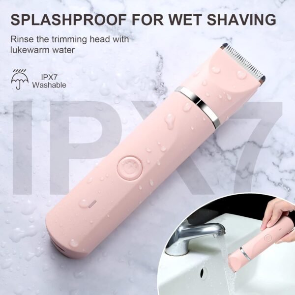 AREYZIN Bikini Trimmer for Women,Electric Razors Shaver for Bikini Legs Pubic Hair,Rechargeable Ladies Bikini Hair Trimmer Removal with Snap-in Ceramic Blades IP7X Washable Head,Wet and Dry Use,Pink - Image 6