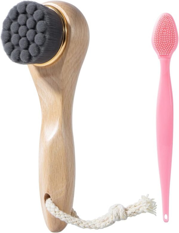 Face Scrubber with Wooden Handle, Manual Facial Cleansing Brushes for Deep Pore Cleansing, Soft Bamboo Charcoal Fiber Exfoliating Face Wash Brush and Silicone Lip Scrubber for Face Care, Black - Image 2