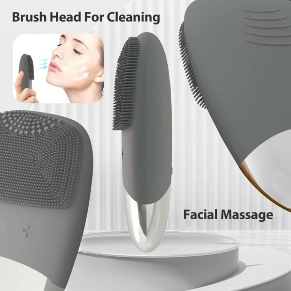 Silicone Face Scrubber, SIWIEY IPX7 Waterproof Sonic Facial Cleansing Brush, USB Rechargeable Sonic Massage Face Brush for Deep Cleansing, Gentle Exfoliating and Massaging (Grey) - Image 2