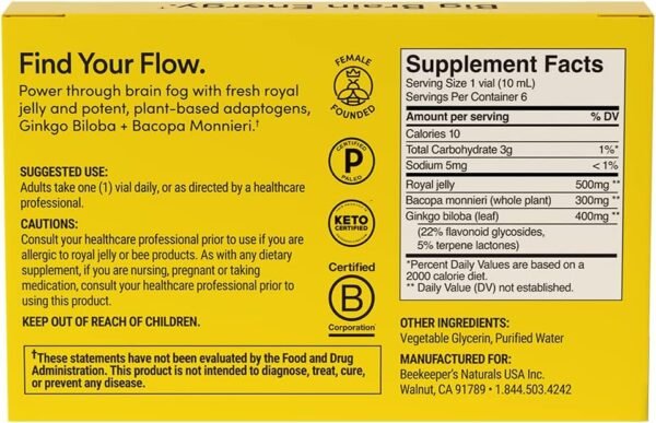 BEEKEEPER'S NATURALS B.LXR Brain Fuel - Memory, Focus and Clarity Liquid Formula, Supports Productivity Royal Jelly, Ginkgo Biloba, Bacopa Monnieri Keto Friendly, Gluten & Caffeine-Free, (6 ct) - Image 4