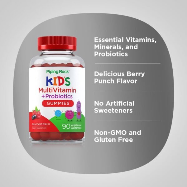 Piping Rock Kids Multivitamin and Probiotic | 90 Gummies | Berry Punch Flavor | Vegetarian, Non-GMO, Gluten Free Childrens Supplement - Image 5