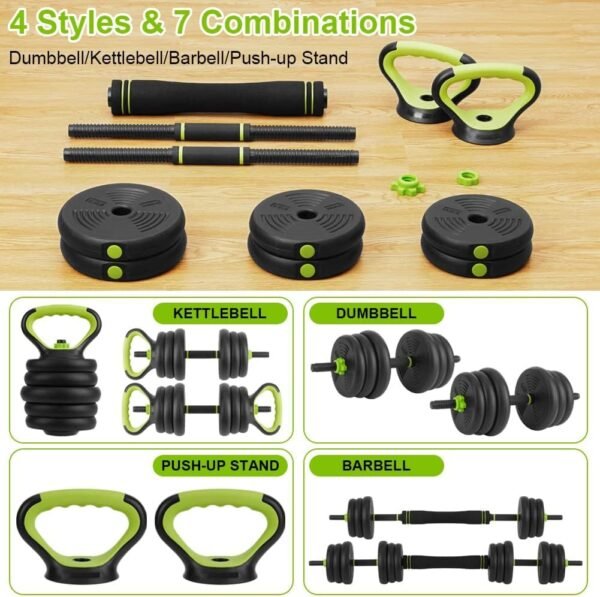 Adjustable Dumbbell Set, 4 in 1 Adjustable Kettlebell Set,44lbs/66lbs/88lbs Weight Set Used as Kettlebells, Barbell, Push up Stand for Home Gym,Green and Black,Round Head - Image 4