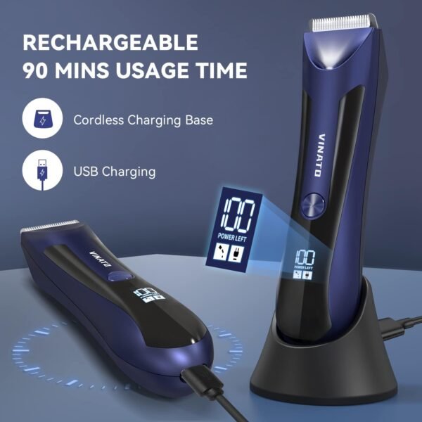 VINATO Electric Body Hair Trimmer - Manscape Ball Trimmer, Groin Hair Trimmer for Men, Waterproof Ball Shaver, USB Recharge Dock Replaceable Ceramic Blade, Male Hygiene Razor, 90 Mins Battery Life - Image 4