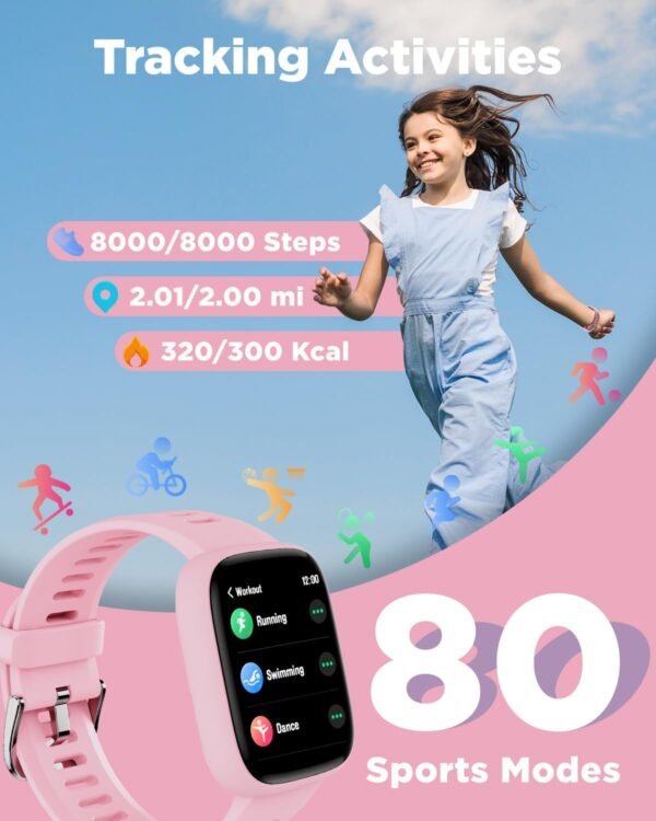 BIGGERFIVE Smart Watch for Kids, 1.8" Fitness Tracker Watch Pedometer, Heart Rate, IP68 Waterproof, Sleep Monitor, Calorie Step Counter, 5 Puzzle Games with/Without APP for Girls Teens 5-16 - Image 4