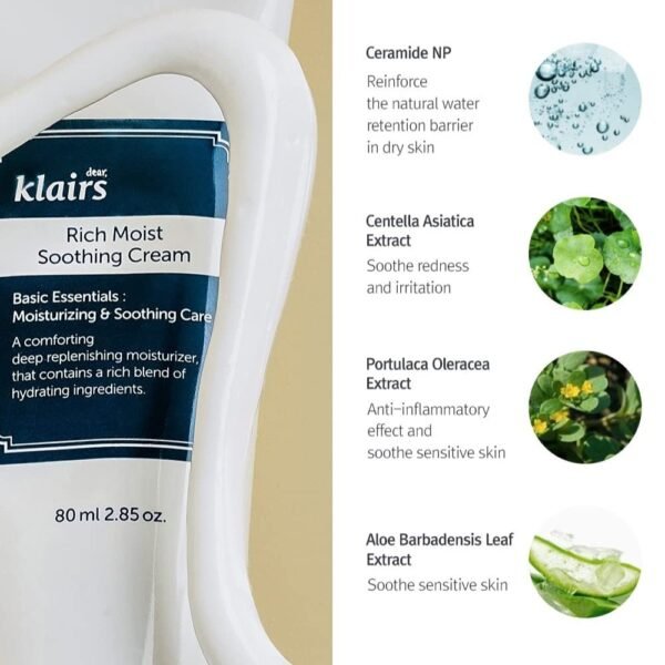 DearKlairs Rich Moist Soothing Cream 80ml, Sensitive Skin, Hypoallergenic, Centella Asiatica, Ceremide, Moisturizer, Full Hydration, Non-sticky texture, K-beauty - Image 3