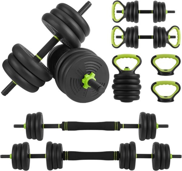 Adjustable Dumbbell Set, 4 in 1 Adjustable Kettlebell Set,44lbs/66lbs/88lbs Weight Set Used as Kettlebells, Barbell, Push up Stand for Home Gym,Green and Black,Round Head - Image 2