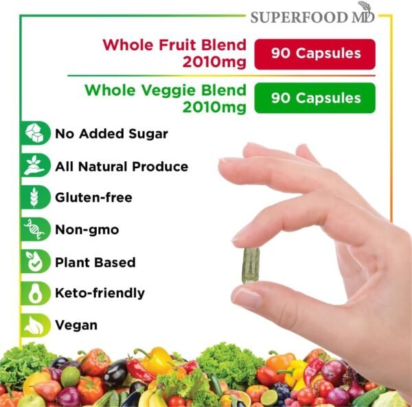 Superfood 180 Fruit and 180 Veggie Capsules -100% Whole Natural Superfood - Maintain Energy Levels, High Lycopene - Grown and Made in The USA (90 Count (Pack of 4) - Image 7