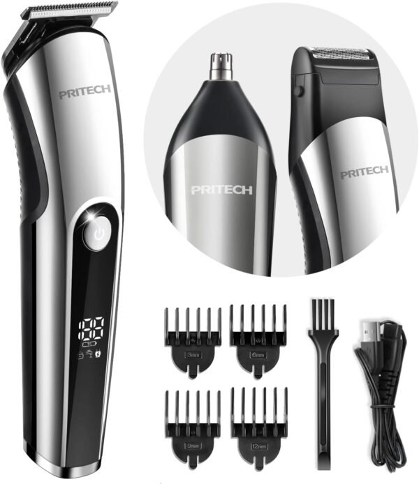 PRITECH Beard Trimmer for Men, 3 in 1 Hair Trimmer for Men Kit, Nose Ear Trimmer, Micro Shaver, Mens Grooming Set Cordless with LED Display IPX6 Waterproof (Silver) - Image 2