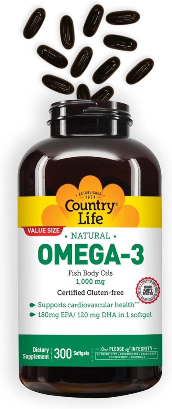 Country Life Omega-3 Fish Oil Supplement, 1000mg, 180mg EPA & 120mg DHA, Fish Oil Concentrate with Lemon Flavor, Burpless, 300 Softgels, Certified Gluten Free - Image 4