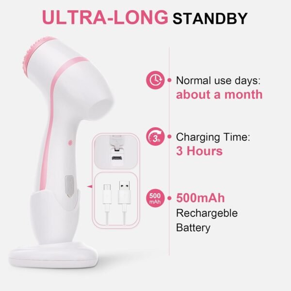 Facial Cleansing Brush,Electric Face Scrubber with 3 Brush Heads for Cleansing and Exfoliating,3 in 1 Waterproof Rechargeable Face Cleansing Brush for Dry Oily Sensitive Skin (Pink) - Image 6