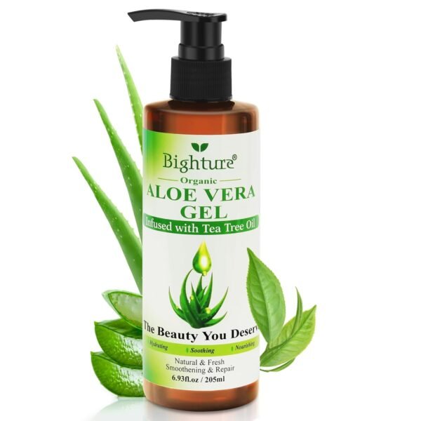 Organic Aloe Vera Gel with Tea Tree Oil for Face & Body, Freshly-cut Aloe Vera Gel Ideal for Skin, Scalp, & Hair Hydration, Calming Moisturizer for Soothing After Sun Care Relief, 6.93 oz - Image 2