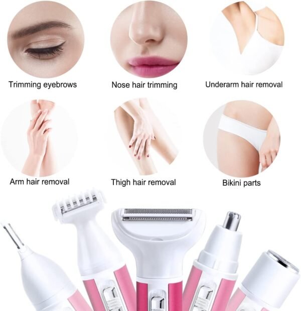 Electric Razor for Women Removal for Body Nose Hair Trimmer Face Shavers Eyebrow Legs Armpit Bikini Area Pubic Underarms Painless Rechargeable Portable 5 in 1 Womens Razors Set - Image 4