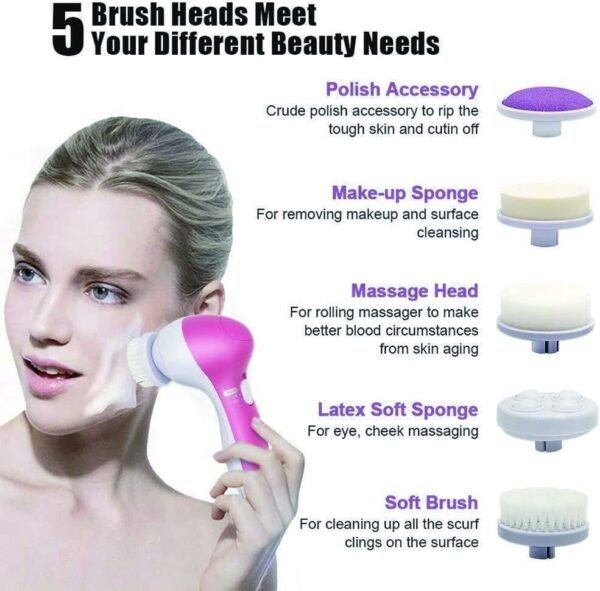 Pink 5 in 1 Deep Cleansing Facial Skin Electric Facial Cleanser Treatment Brush Massager Scrubber for Pimples, Blackheads and Dead Skin - Image 7