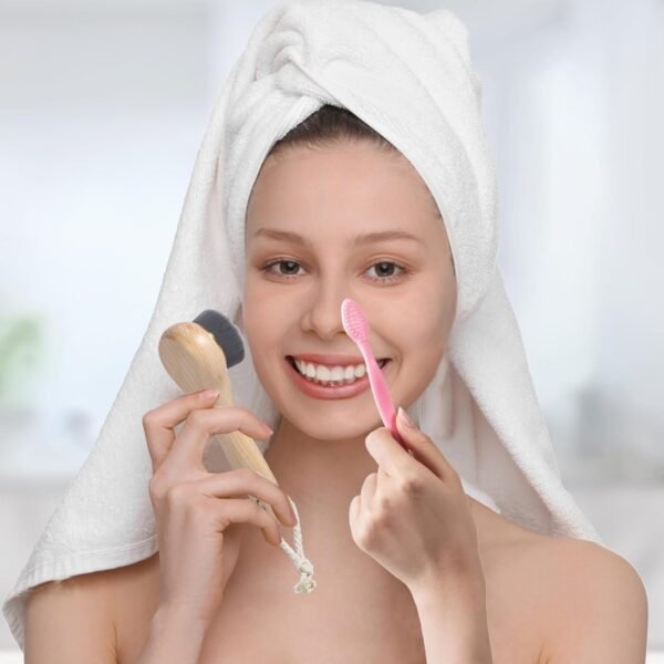 Face Scrubber with Wooden Handle, Manual Facial Cleansing Brushes for Deep Pore Cleansing, Soft Bamboo Charcoal Fiber Exfoliating Face Wash Brush and Silicone Lip Scrubber for Face Care, Black - Image 7