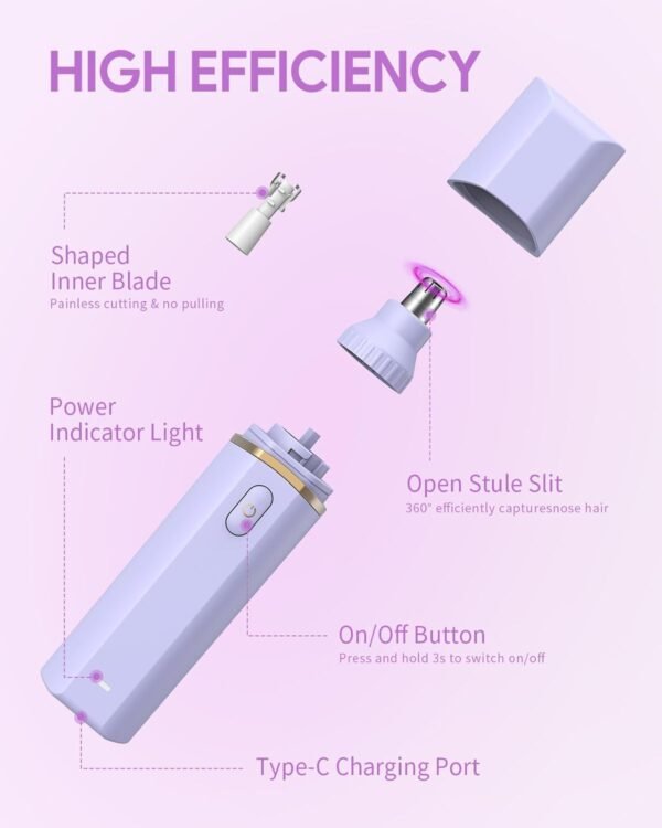 Portable Nose Hair Trimmer, Type-C Rechargeable Nose Hair Trimmer Clipper, Professional Painless Trimmer for Men Women, Smoother Cutting (Purple,1pc) - Image 6