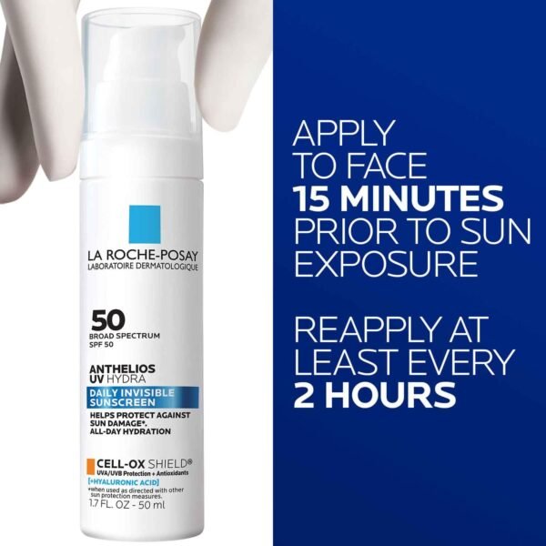 La Roche Posay Anthelios UV Hydra Sunscreen SPF 50 | Daily Hydrating Sunscreen for Face with Hyaluronic Acid and Vitamin E | Broad Spectrum Invisible SPF Protection | Anti Aging | Fragrance Free - Image 6
