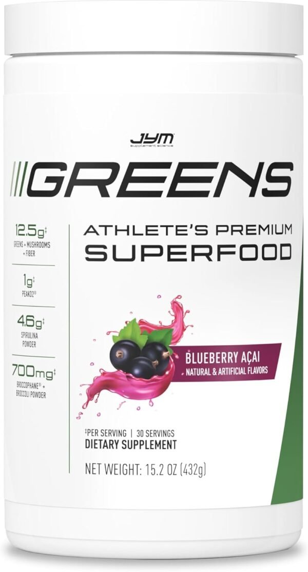 JYM Greens Super Food Powder for Performance, Blueberry Acai, Spirulina, Mushrooms, Vitamins, BroccoPhane & Broccoli, Men & Women, 30 Servings - Image 2