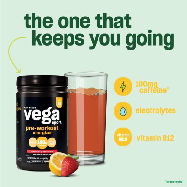 Vega Sport Pre-Workout Energizer, Strawberry Lemonade - Pre Workout Powder for Women & Men, Supports Energy and Focus, Electrolytes, Vegan, Keto, Gluten Free, Non GMO, 1.1 lbs - Image 6